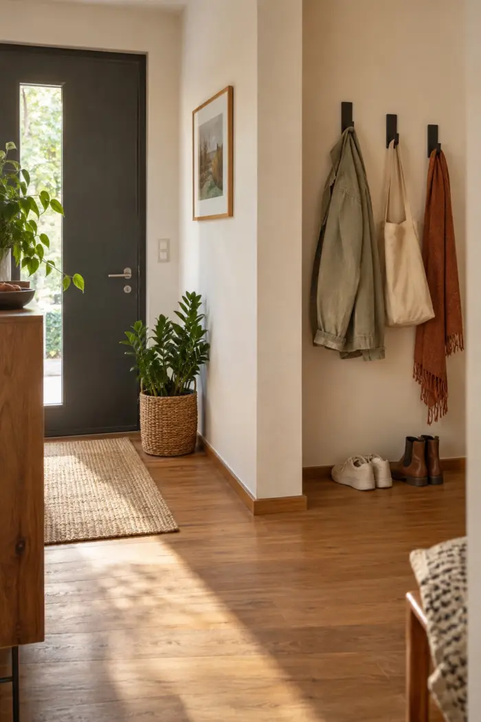 montiere Klapphaken hinter einer zurückspringenden Wand in kleine bewohnte deutsche Wohnung mit einer klar erkennbaren baulichen Nische