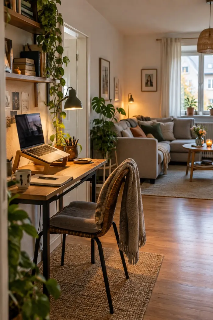 Laptop auf Holzständer an kleinem wohnlichen Arbeitsplatz, Sofa im Hintergrund