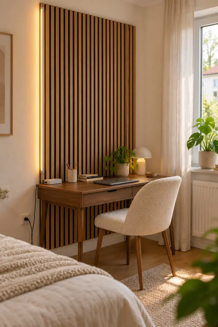 Helle Lamellen mit seitlichem warmweißem Licht am Arbeitsplatz