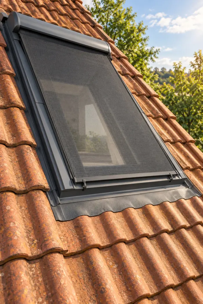 Außenliegende schwarze Netzmarkise an einem Dachfenster zwischen roten Dachziegeln