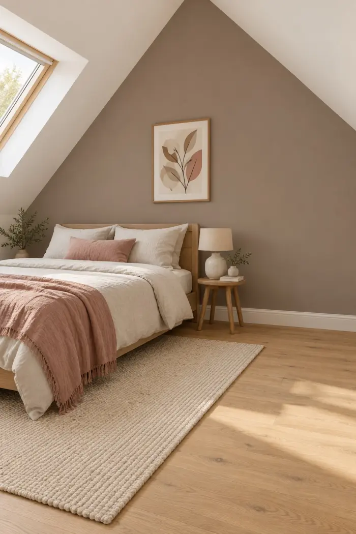 Taupe gestrichene Giebelwand zwischen weißen Dachschrägen im Schlafzimmer