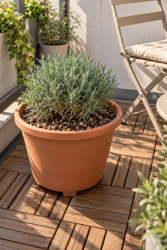 Graugrüner Lavendel ohne Sommerblüten in einem terracottafarbenen Balkontopf