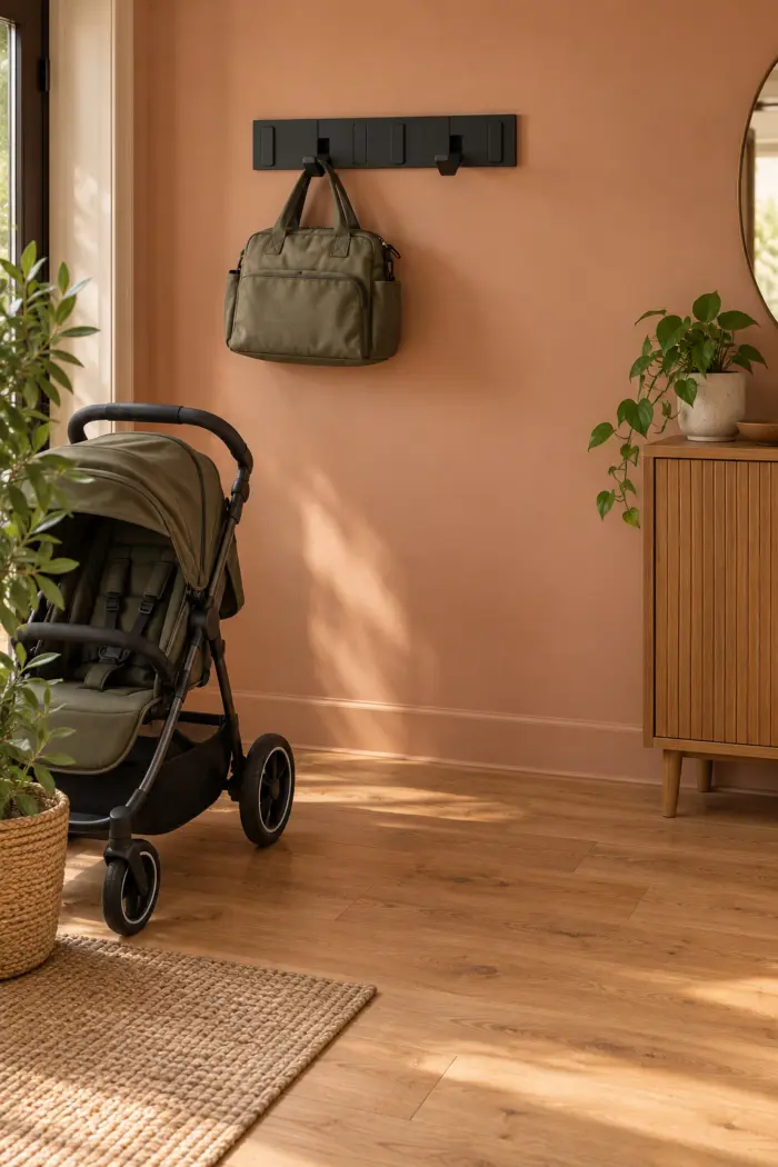 Wickeltasche an schwarzer Wandhakenleiste neben einem leeren Kinderwagen