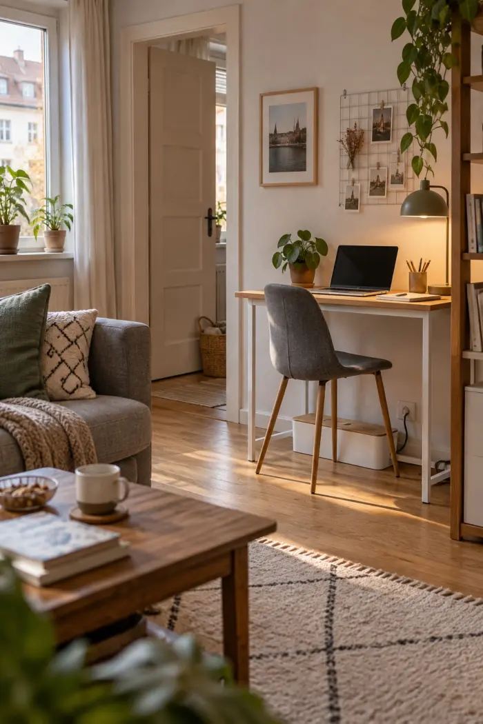 Weiße Kabelbox mit Bambusdeckel unter kleinem Wohnzimmer-Schreibtisch