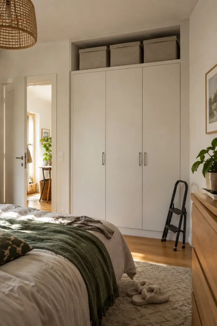 staple geschlossene Boxen in der oberen Schranknische in kleine bewohnte deutsche Wohnung mit einer klar erkennbaren baulichen Nische