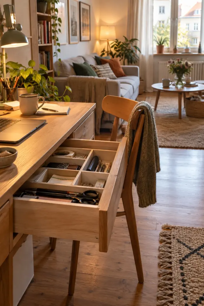 Geöffnete Schreibtischschublade mit einfachen Trennern in bewohntem Wohnzimmer