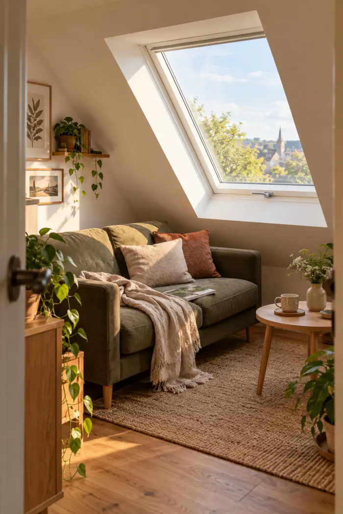 Großes Dachfenster über einem kleinen Wohnbereich mit grünem Sofa