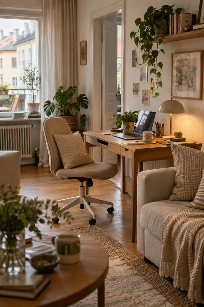 Arbeitsstuhl und Kissen in verwandtem Beigeton, Holzschreibtisch neben Sofa
