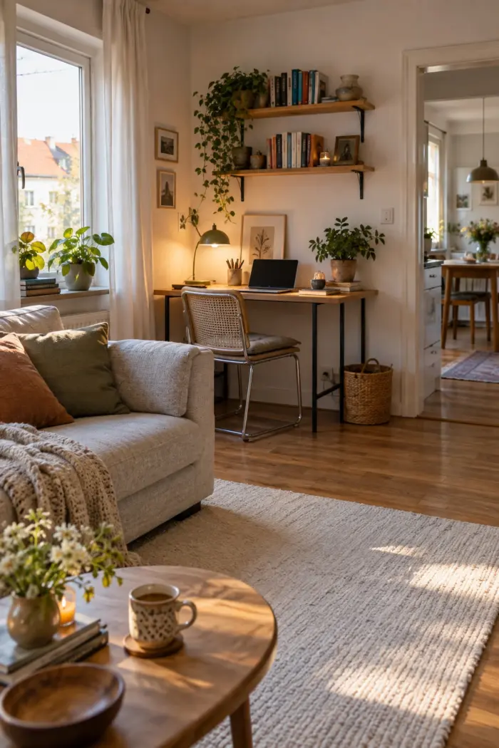 Kleine Arbeitsecke auf flachem cremefarbenem Teppich, Sofa daneben