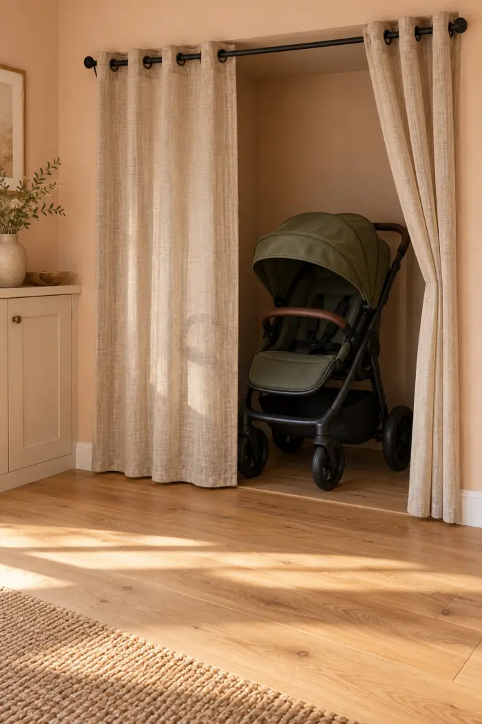 Teilweise geöffneter beiger Vorhang vor einer Nische mit leerem Kinderwagen