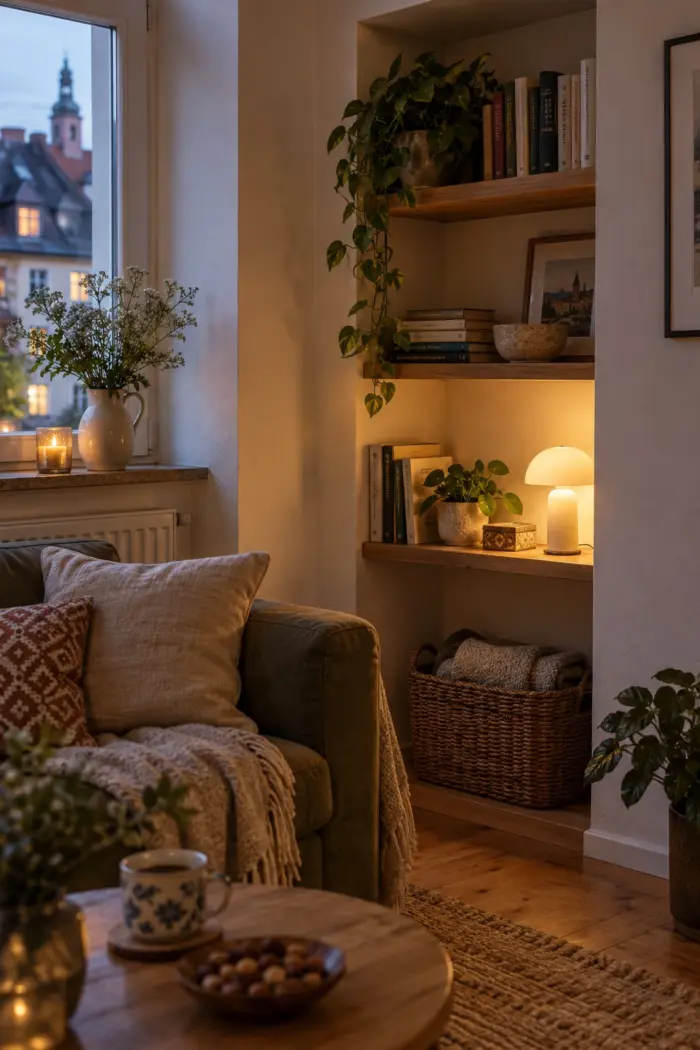 leuchte eine tiefe Ecke mit einer kleinen Lampe aus in kleine bewohnte deutsche Wohnung mit einer klar erkennbaren baulichen Nische