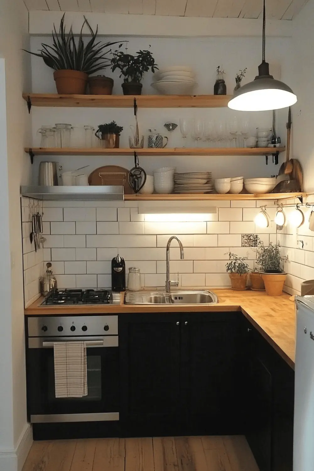 Schwarze Küche klein mit Holz