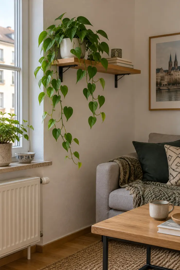 Herzblatt-Philodendron im Keramiktopf mit Ranken am Wandregal