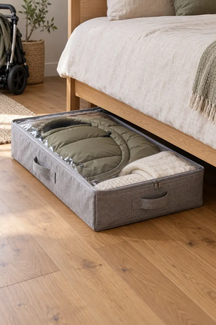 Graue flache Stofftasche mit gefaltetem Fußsack und Decke vor einem Bett
