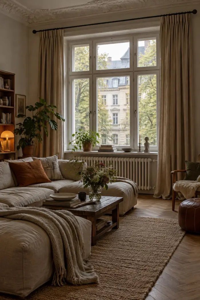 ziehe schwere Vorhänge weit aus dem Fenster in dunklere, aber gemütlich bewohnte deutsche Wohnung mit wenig natürlichem Tageslicht