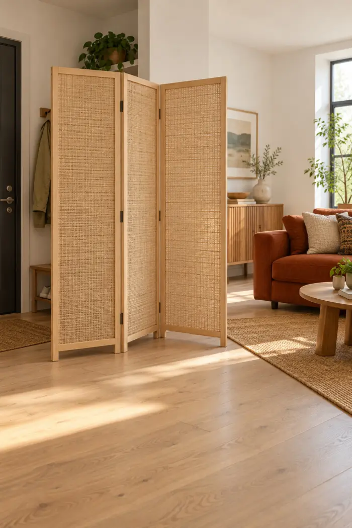 Dreiteiliger geflochtener Paravent zwischen Garderobe und Sofa