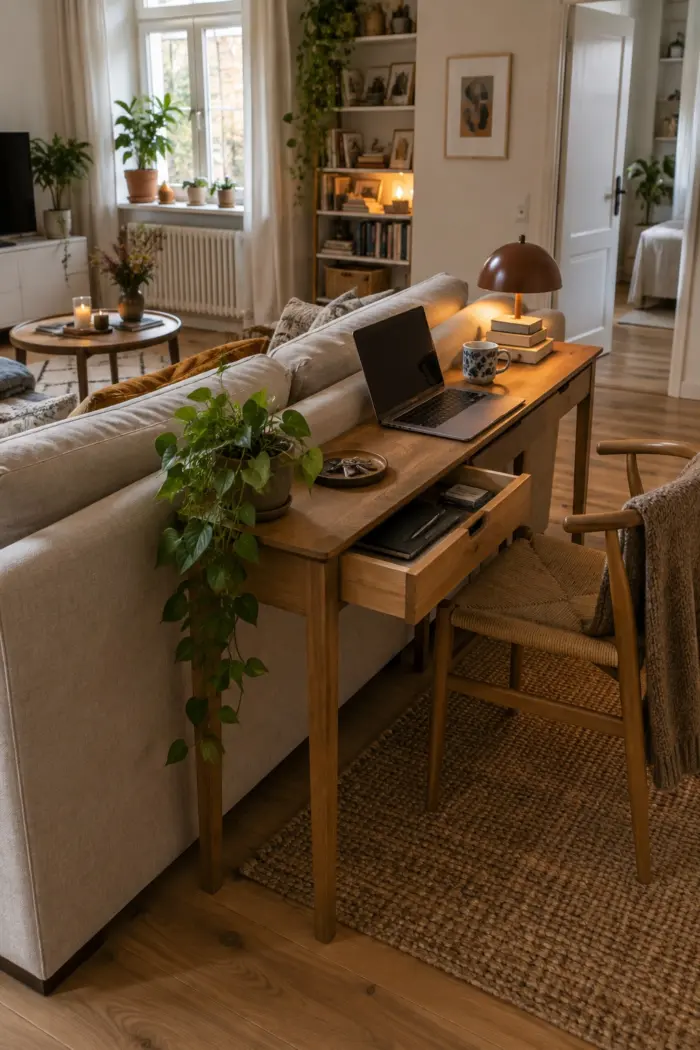 Schmale Holzkonsole hinter Sofa als Laptopplatz, Schublade geöffnet