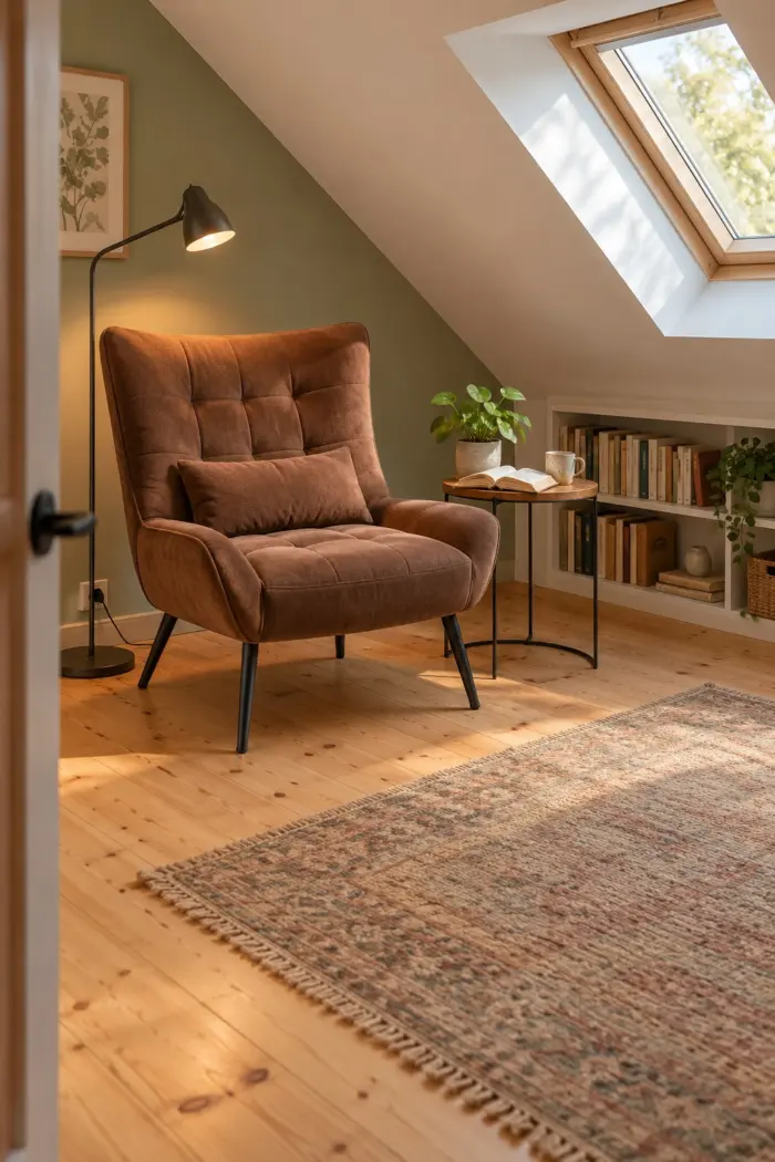 Brauner Lesesessel mit Stehlampe und niedrigem Bücherregal unter der Dachschräge