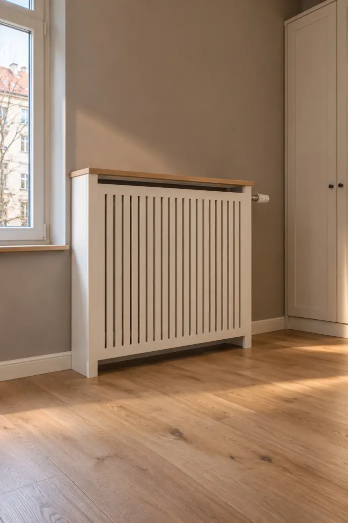 Hohe weiße Lamellenverkleidung mit Holzablage