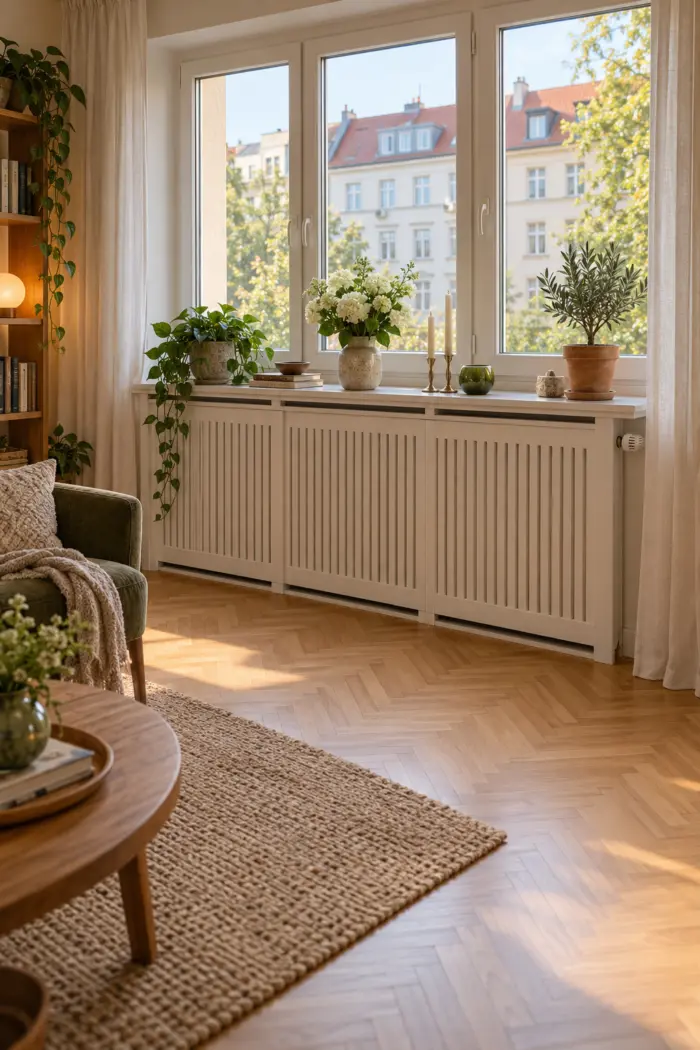 Ausziehbare weiße Heizungsverkleidung unter einem breiten Fenster