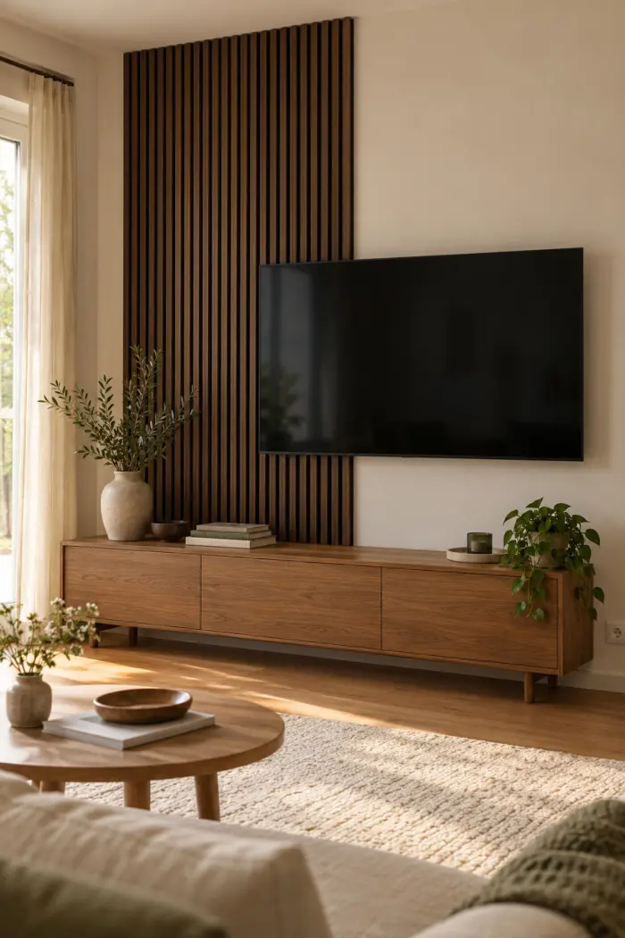 Dunkle Lamellen als seitlich versetzter Hintergrund hinter dem Fernseher