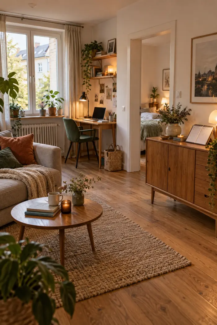 Kleines Wohnzimmer mit markierter kompakter Arbeitsecke, Notizplaner auf Sideboard
