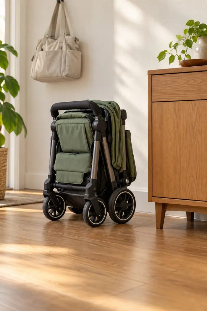 Kompakt gefalteter grüner Buggy aufrecht neben einer Kommode