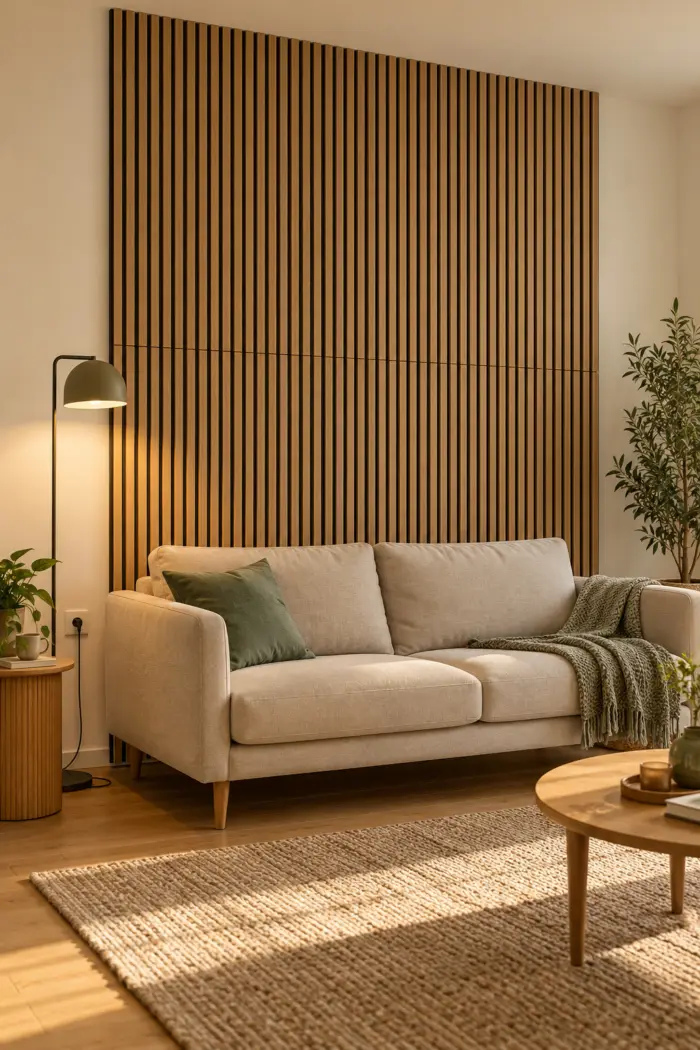Helle Akustikpaneele hinter einem kompakten Sofa