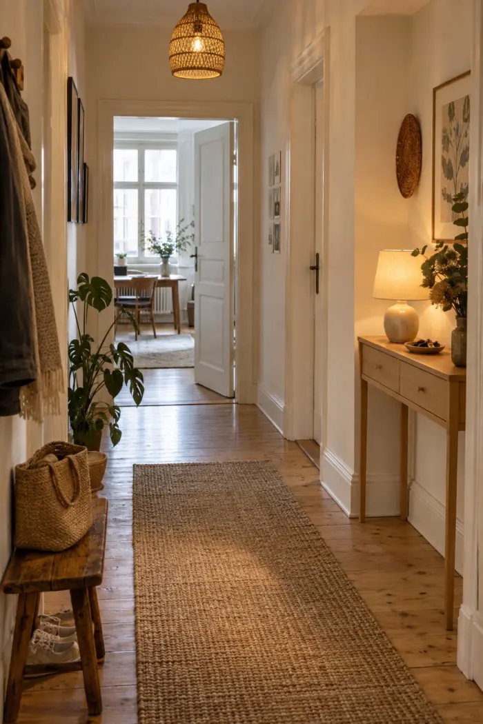 stelle eine schmale Konsole in den Flurversatz in kleine bewohnte deutsche Wohnung mit einer klar erkennbaren baulichen Nische