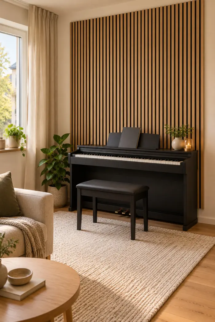 Helle Akustikpaneele hinter einem Digitalpiano