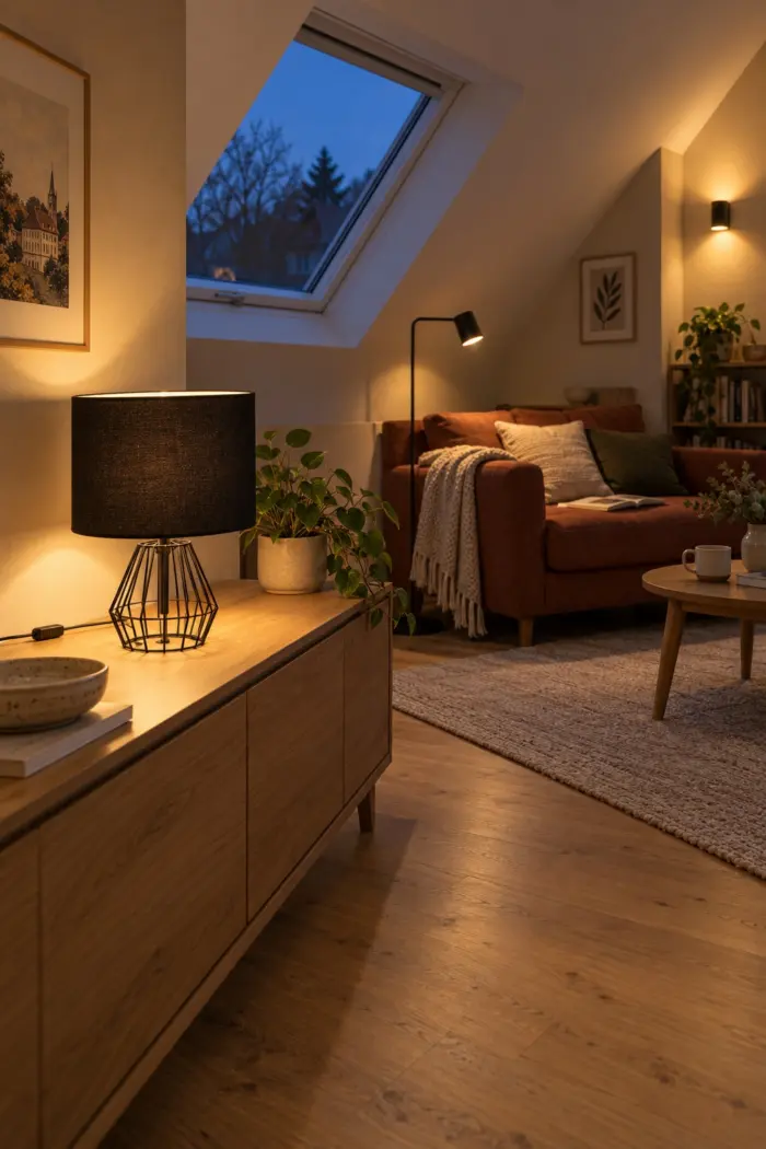 Schwarze Tischlampe mit Stoffschirm, Leselampe und Wandleuchte im Dachwohnzimmer