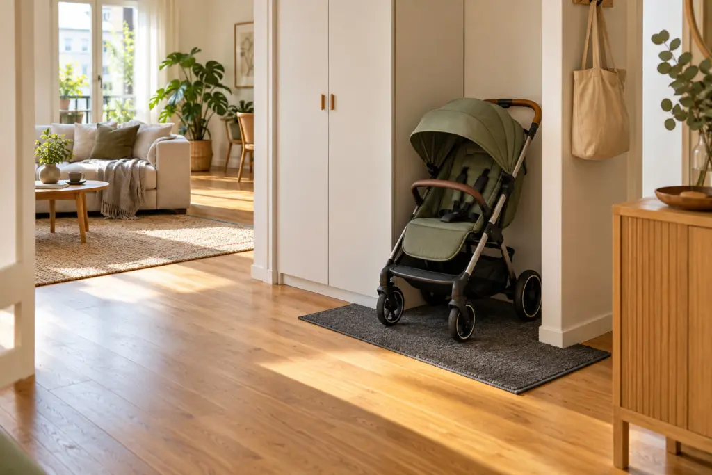 Leerer grüner Kinderwagen auf einer Matte in einer Nische neben dem Schrank