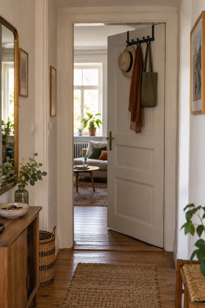 nutze die Türnische für leichte Accessoires in kleine bewohnte deutsche Wohnung mit einer klar erkennbaren baulichen Nische