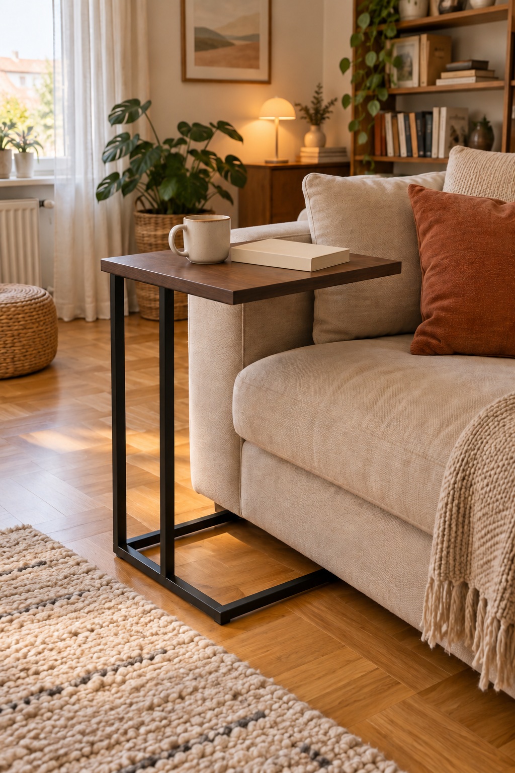 Schmaler C-Beistelltisch mit brauner Platte an einem hellen Sofa und freier Raummitte