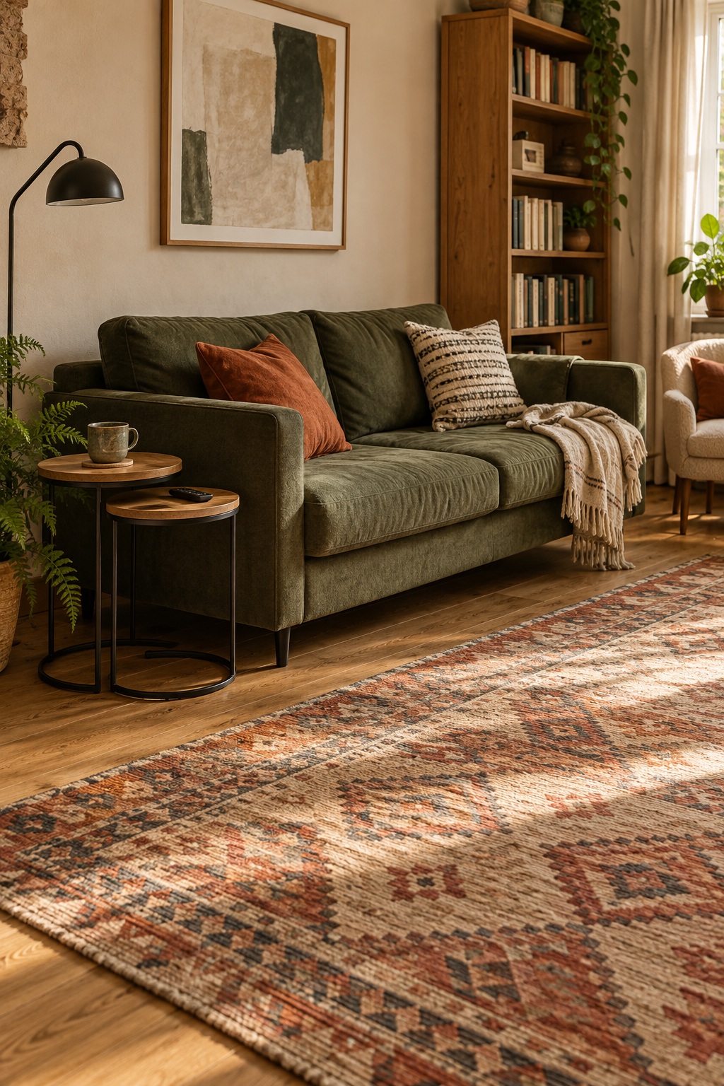 Zwei kleine runde Satztische seitlich an einem grünen Sofa
