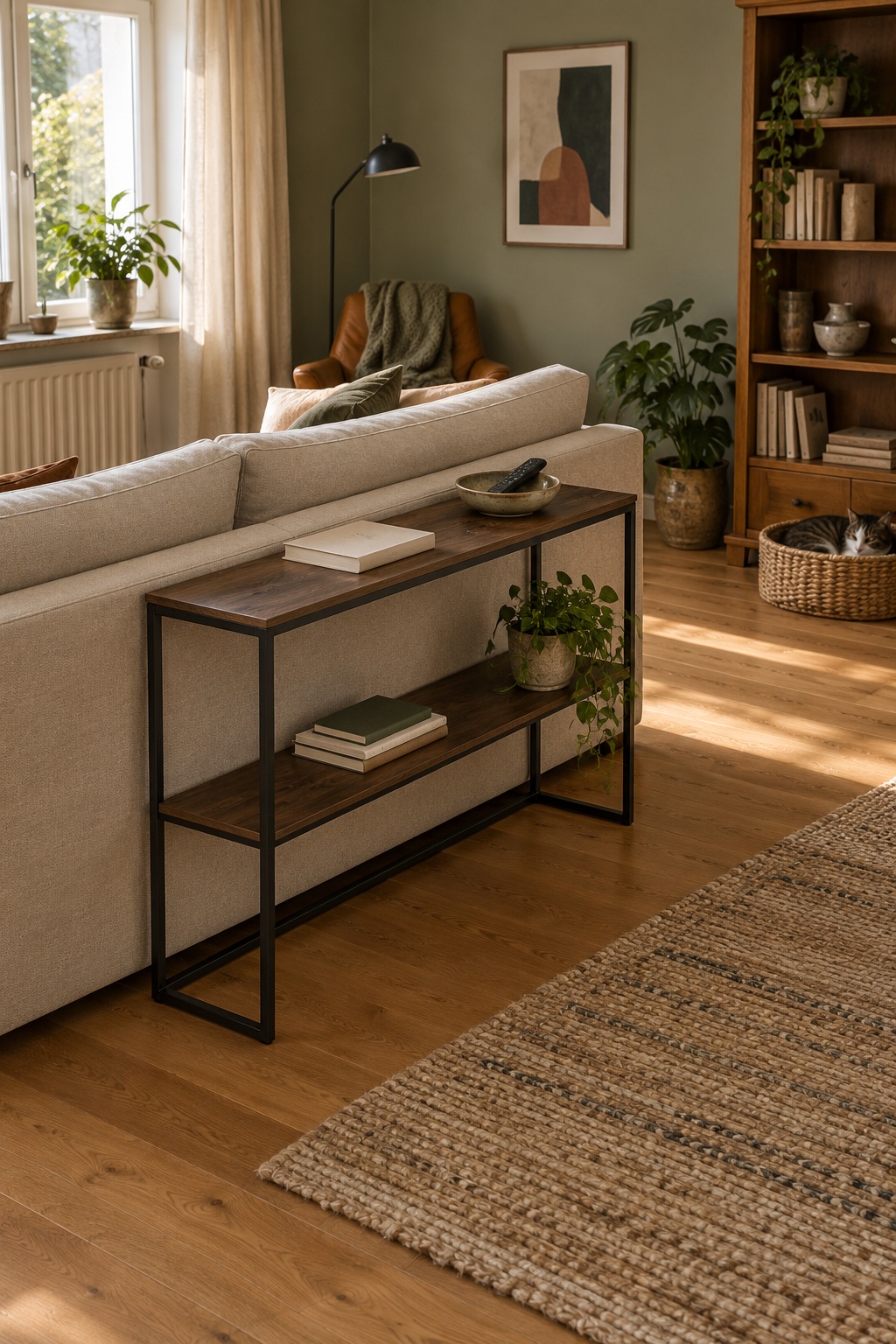 Schmale Konsole mit zwei braunen Ablagen hinter einem hellen Sofa