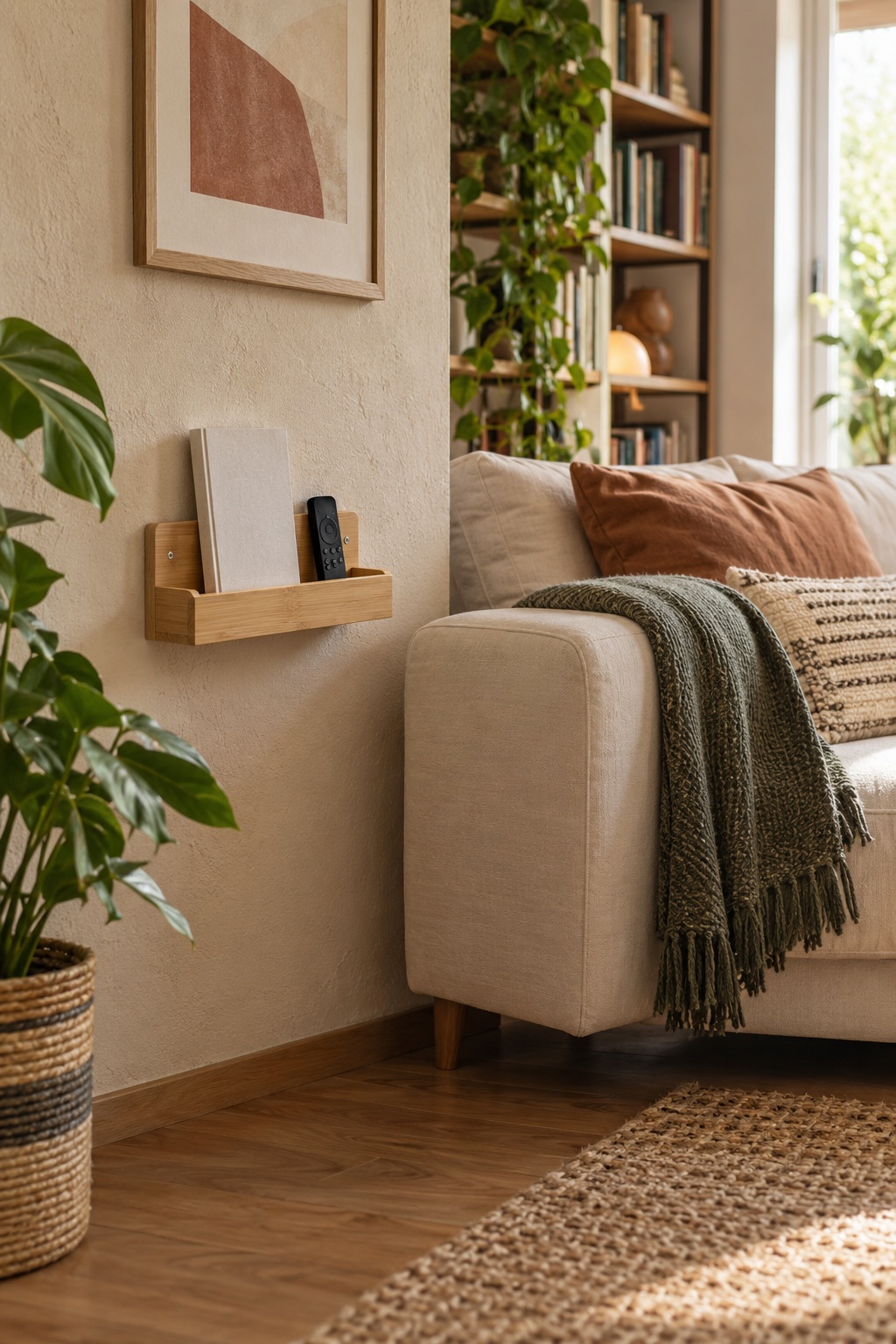 Kurze Bambus-Wandleiste mit Buch und Fernbedienung neben einer Sofalehne