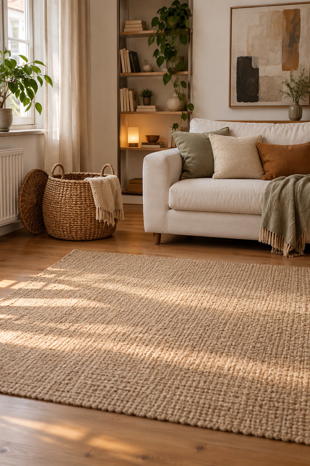 Naturfarbener geflochtener Korb mit Decke und abgenommenem Deckel neben einem Sofa