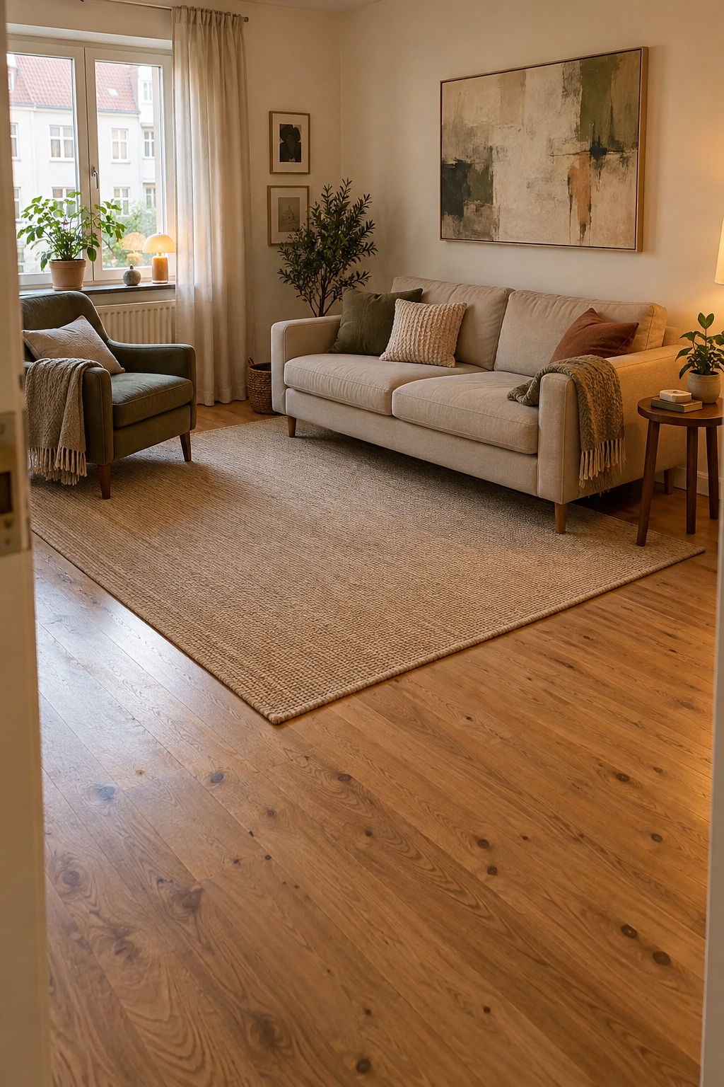 Wohnzimmer mit Sofa und Sessel auf einem beigen Teppich ohne Tisch in der Mitte