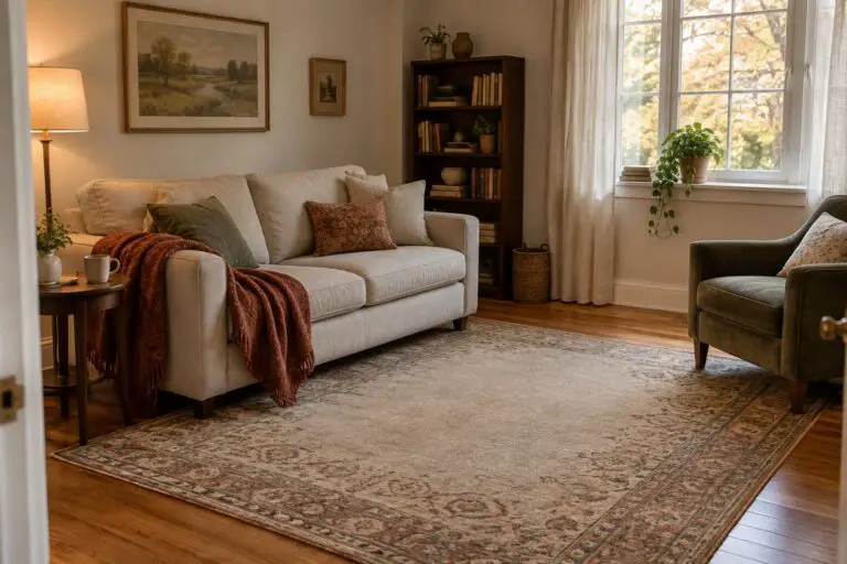 Wohnzimmer ohne Couchtisch mit warmem Tageslicht und wohnlichen Möbeln