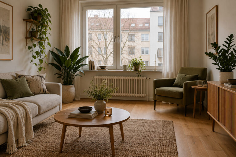 Zimmerpflanzen neben einem Nordfenster im kleinen Wohnzimmer